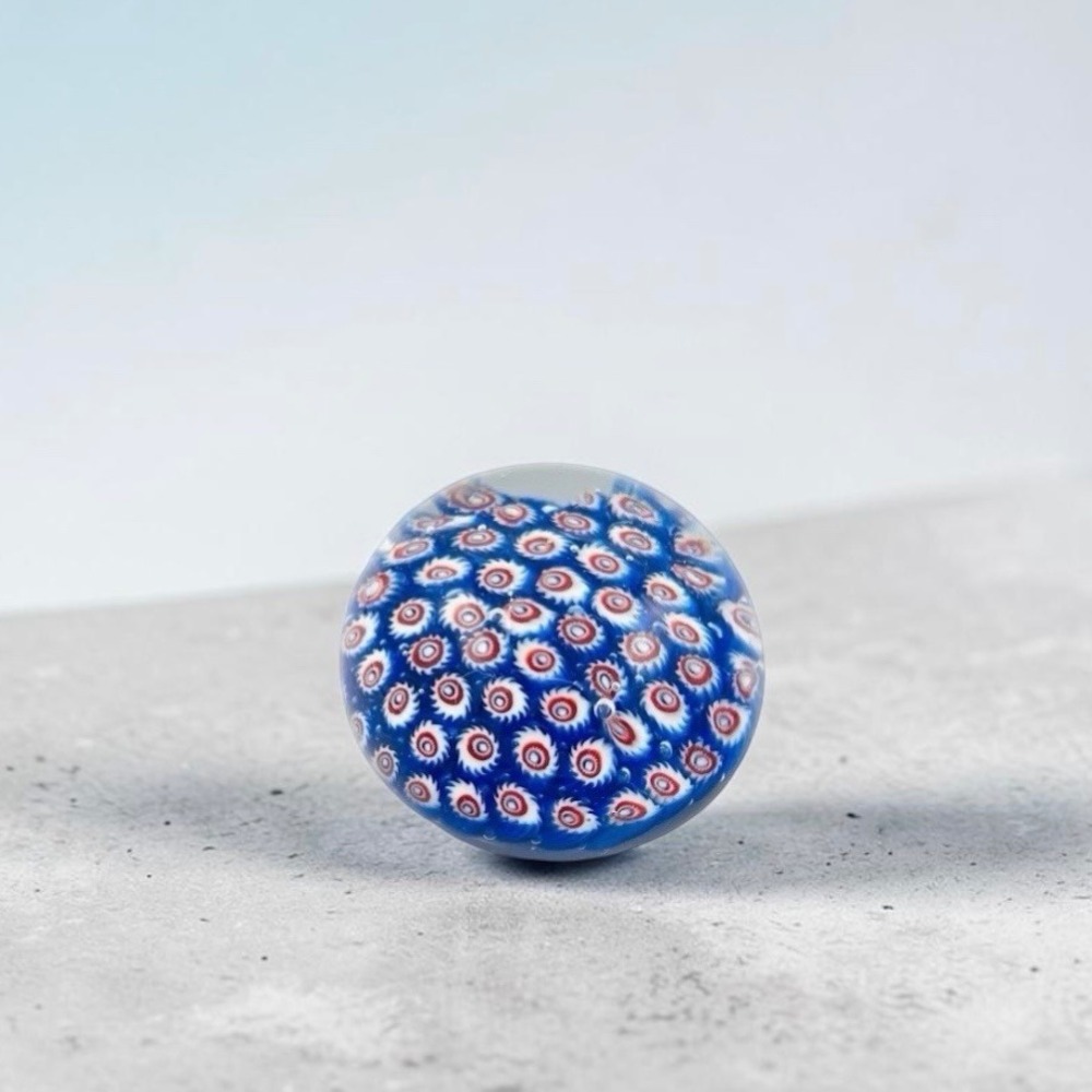 Vintage Millefiori Art Glass Paperweight Blue Red White Murano Style Orb